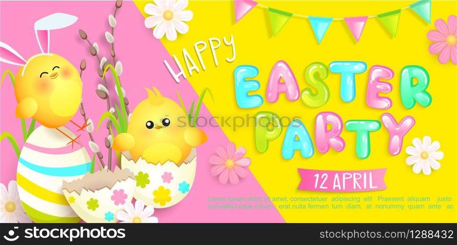 Happy easter party invitation banner with beautiful camomiles, painted eggs and chickens with rabbits ears, flags. Poster, greeting card, flyer.Template for your design. Vector illustration.. Happy easter party invitation banner.