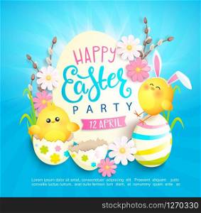 Happy easter party invitation card with beautiful camomiles, painted eggs and chickens with rabbits ears. Banner, poster, greeting, flyer.Template for your design. Vector illustration.. Happy easter party invitation card.
