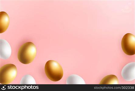 Happy Easter pastel background with the top view golden and white realistic eggs. Easter sale banner template. Realistic vector illustration.