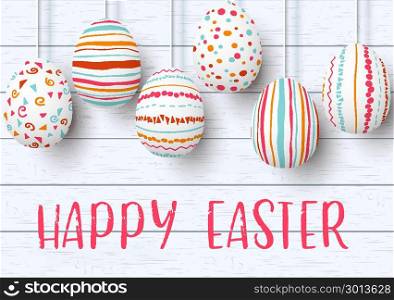Happy Easter. pending easter eggs on white wooden background. Easter colorful hanging eggs with simple pink, orange, red, blue stripes, patterns, ornaments. vector illustration. Postcard template. Happy Easter. pending easter eggs on white wooden background. Easter colorful hanging