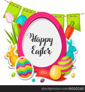 Happy Easter photo frame with decorative objects, eggs, bunnies stickers. Concept can be used for holiday invitations and posters.