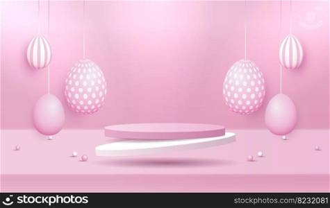 Happy Easter pink background and paper art podium display for product presentation branding and packaging presentation. studio stage with eggs and rabbit background. vector design.