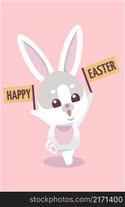 Happy easter placard in happy little rabbit paws isolated on white background. Happy easter placard in happy little rabbit paws