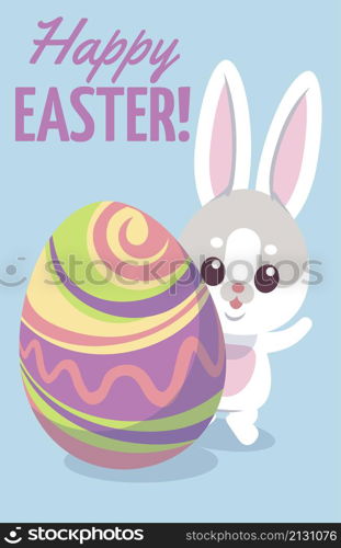 Happy Easter poster. Cute little rabbit with egg isolated on white background. Happy Easter poster. Cute little rabbit with egg