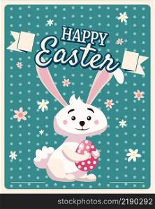 Happy Easter poster retro. Greeting card with rabbit, bunny, egg. Vector illustration vintage background. Happy Easter poster retro. Greeting card with rabbit, bunny, egg. Vector illustration vintage
