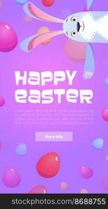 Happy Easter poster with eggs and cute bunny. Vector banner of spring holiday celebration with cartoon illustration of funny rabbit puppet, colorful eggs and text on purple background. Happy Easter poster with eggs and cute bunny