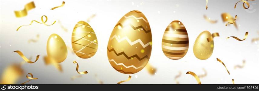 Happy Easter poster with golden eggs with patterns and spiral ribbons. Vector banner of spring holiday celebration with realistic illustration of 3d luxury gold eggs and confetti. Happy Easter poster with golden eggs and ribbons