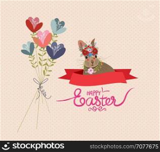 Happy easter rabbit and flower bouquets retro