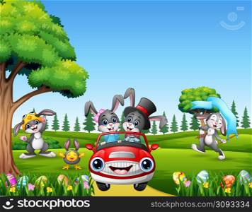 Happy easter rabbit riding a car on the beautiful nature