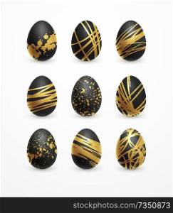 Happy Easter realistic black and golden shine decorated eggs set. Vector illustration EPS10. Happy Easter realistic black and golden shine decorated eggs set. Vector illustration