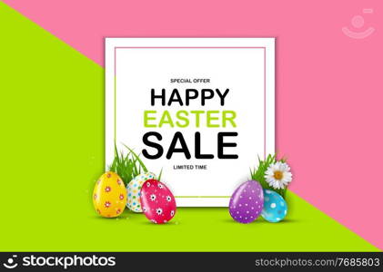 Happy Easter sale poster template with 3d realistic Easter eggs. Template for advertising, poster, flyer, greeting card. Vector Illustration. Happy Easter sale poster template with 3d realistic Easter eggs. Template for advertising, poster, flyer, greeting card. Vector Illustration EPS10