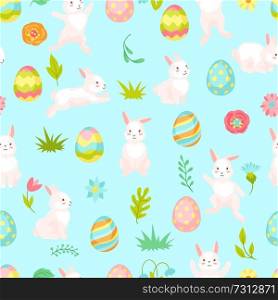 Happy Easter seamless pattern. Cute bunnies, eggs and flowers for traditional celebration.. Happy Easter seamless pattern.