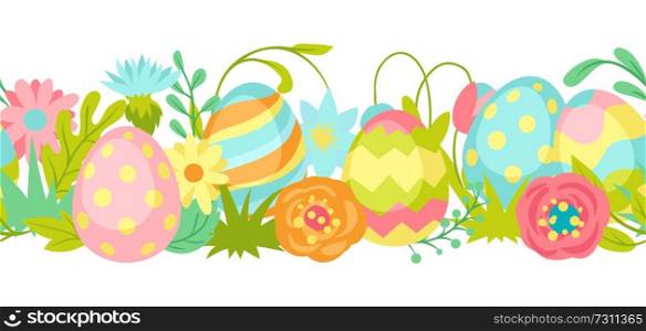 Happy Easter seamless pattern. Cute eggs and flowers for traditional celebration.. Happy Easter seamless pattern.