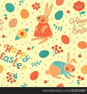 Happy Easter seamless pattern with cute bunnies and eggs. Vector illustration.