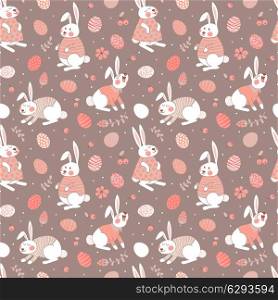 Happy Easter seamless pattern with cute bunnies and eggs. Vector illustration.