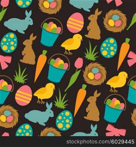 Happy Easter seamless pattern with decorative objects. Background can be used for holiday prints, textiles and greeting cards.