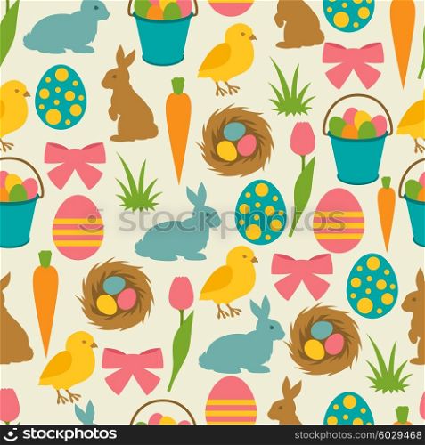 Happy Easter seamless pattern with decorative objects. Background can be used for holiday prints, textiles and greeting cards.