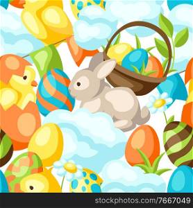 Happy Easter seamless pattern with holiday items. Decorative symbols and objects.. Happy Easter seamless pattern with holiday items.