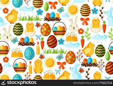Happy Easter seamless pattern with holiday items. Decorative symbols and objects, eggs, bunnies.. Happy Easter seamless pattern with holiday items.