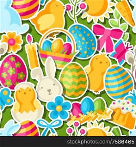 Happy Easter seamless pattern with holiday stickers. Decorative symbols and objects, eggs, bunnies.. Happy Easter seamless pattern with holiday stickers.