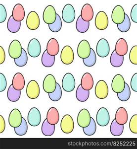 Happy Easter seamless pattern with painted eggs. Fun holiday elements in delicate colors - pink, blue, yellow, green, lilac, purple, mint and coral. Square format, vector flat illustration isolated on white background.. Happy Easter seamless pattern with painted eggs. Fun holiday elements in delicate colors - pink, blue, yellow, green, lilac, purple, mint and coral. Square format, vector flat illustration isolated on white background