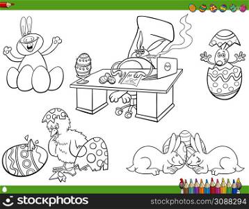 Happy Easter set of black and white cartoons with bunnies and chick with eggs coloring book page