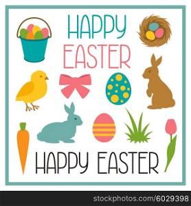 Happy Easter set of decorative objects. Can be used for holiday design, backgrounds and greeting cards.