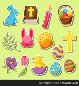 Happy Easter set of decorative objects, eggs and bunnies stickers. Happy Easter set of decorative objects, eggs and bunnies stickers.