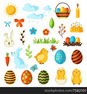 Happy Easter set of holiday items. Decorative symbols and objects, eggs, bunnies.. Happy Easter set of holiday items.