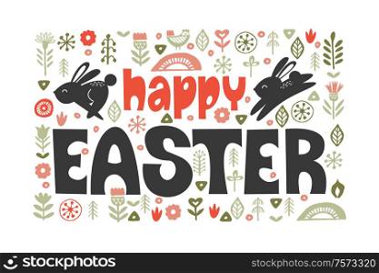 happy Easter. Small black rabbits among the delicate spring flowers. Vector illustration. Greeting card