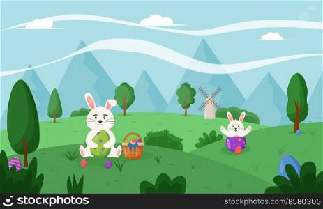 Happy Easter, spring landscape with cute Easter bunny. Happy easter eggs. Happy Easter banners, greeting cards, posters, holiday covers. Happy Easter, spring landscape with cute Easter bunny. Happy easter eggs. Happy Easter banners, greeting cards, posters, holiday covers.