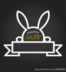 Happy Easter template with blank space ribbon and rabbit on dark background. Vector illustration. Design layout for invitation card, greeting card, banner poster, and gift voucher. Black Chalkboard