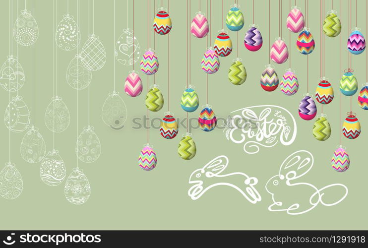 Happy easter template with color ribbon and eggs green background. Vector illustration. Design layout for invitation, card, menu, flyer, banner, poster, voucher