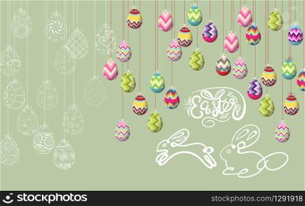 Happy easter template with color ribbon and eggs green background. Vector illustration. Design layout for invitation, card, menu, flyer, banner, poster, voucher