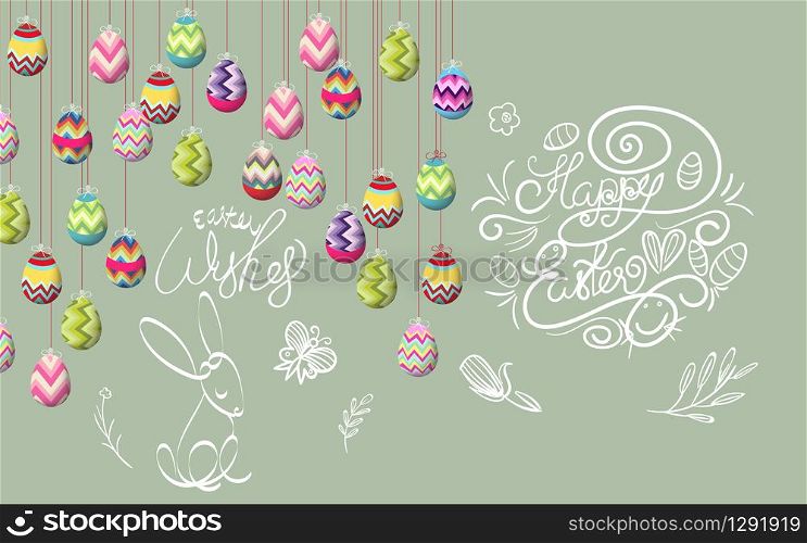 Happy easter template with color ribbon and eggs green background. Vector illustration. Design layout for invitation, card, menu, flyer, banner, poster, voucher