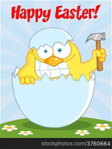 Happy Easter Text Above A Chick With A Big Toothy Grin, Peeking Out Of An Egg With Hammer