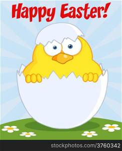 Happy Easter Text Above A Surprise Yellow Chick Peeking Out Of An Egg Shell