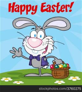 Happy Easter Text Above A Waving Gray Bunny With Easter Eggs And Basket