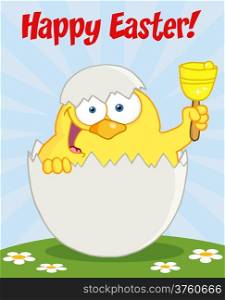 Happy Easter Text Above A Yellow Chick Peeking Out Of An Egg And Ringing A Bell