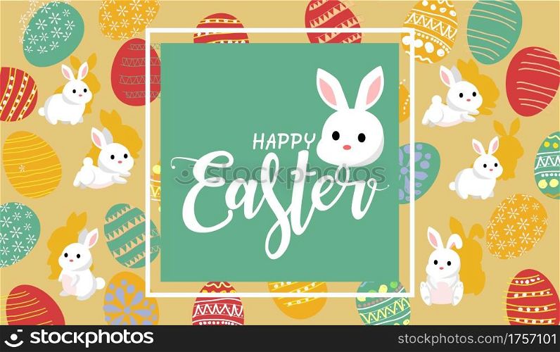 Happy Easter text. and Easter pattern in retro style. with childish Freehand Drawing of easter eggs, and rabbits. vector illustration on Orange backdrop. Suitable for the Easter holiday concept.