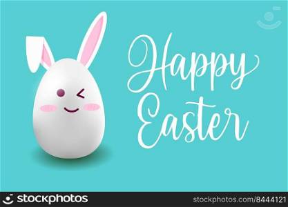 Happy Easter text lettering with bunny illustration isolated on white background. Usable for greeting card, banner, and background.