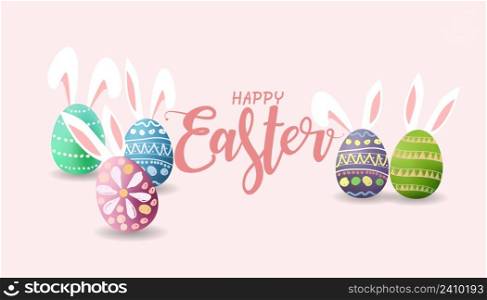 Happy Easter text. with childish Freehand Drawing of easter eggs, and rabbits ear. vector illustration on a pink backdrop. With Copy space for text. Suitable for the Easter holiday concept.