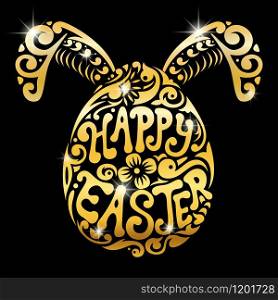 Happy easter text with decorative gold easter egg and bunny ears