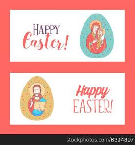 happy Easter! The virgin and Jesus Christ. Festive vector illustration. Set of Easter eggs with the image of the virgin Mary and Jesus Christ.