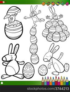 Happy Easter Themes Collection Set of Black and White Cartoon Illustrations with Bunnies and Eggs for Coloring Book