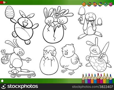 Happy Easter Themes Collection Set of Black and White Cartoon Illustrations with Bunnies and Chickens with Eggs for Coloring Book
