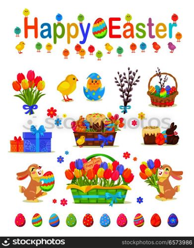 Happy Easter traditional elements concept poster on white. Vector collection of hatched and unhatched chickens, basket with easter eggs, willow tree bunch, gift boxes and rabbits with tulips.. Happy Easter Traditional Elements Concept Poster