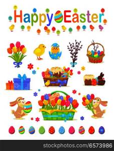 Happy Easter traditional elements concept poster on white. Vector collection of hatched and unhatched chickens, basket with easter eggs, willow tree bunch, gift boxes and rabbits with tulips.. Happy Easter Traditional Elements Concept Poster