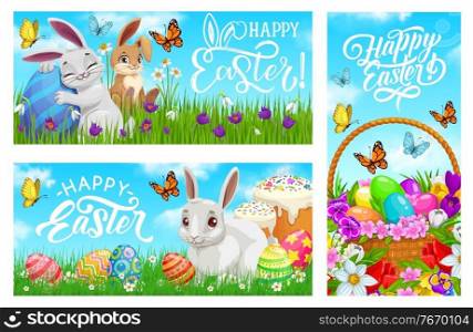 Happy Easter vector banners, cartoon bunnies with painted eggs on meadow with green grass blades, flowers, festive cakes and basket with blossoms. Easter holidays celebration postcards with lettering. Happy Easter vector banners with cartoon bunnies