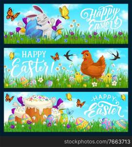 Happy Easter vector bunny, hen with chicks, decorated eggs and cakes on field with flowers and butterflies under blue cloudy sky. Happy Easter holiday greeting cards with cute animals, cartoon banners. Happy Easter vector bunny, hen with chicks, eggs